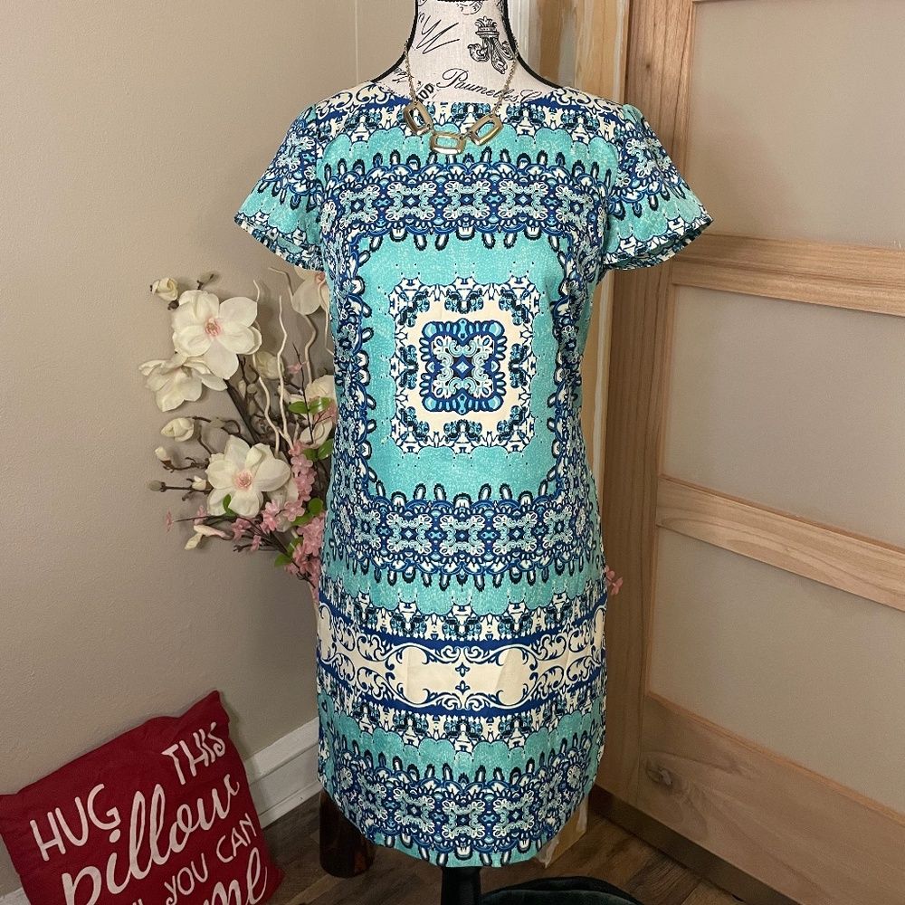 The Limited Shift Dress Womens Blue Teal Geometric Print Short Sleeve Size Xs